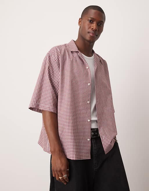 DESIGN oversized boxy shirt with half sleeve in burgundy mini check