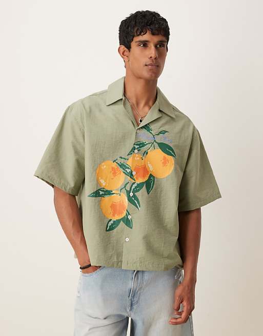 DESIGN oversized boxy shirt with orange print in green