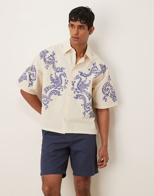 DESIGN oversized boxy shirt with print in ecru