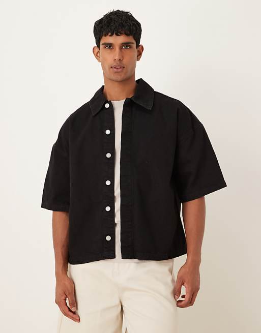 DESIGN oversized boxy short sleeve denim shirt in black