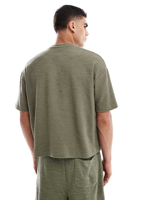 DESIGN Oversized Boxy T-shirt Coord With Henley Neck In Khaki Boucle