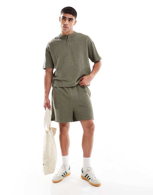 DESIGN Oversized Boxy T-shirt Coord With Henley Neck In Khaki Boucle