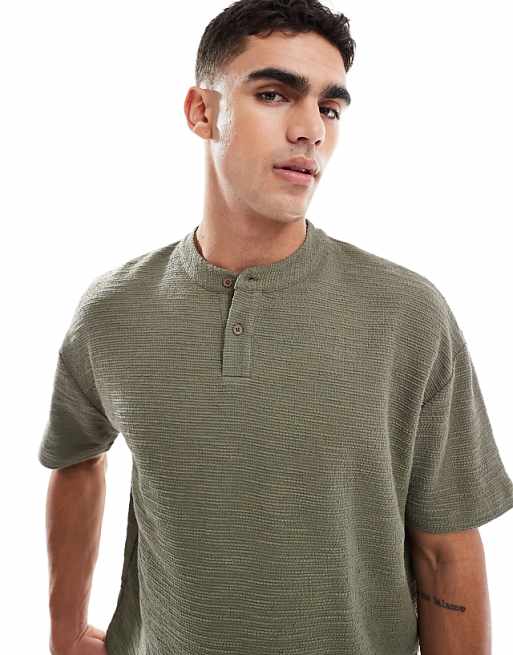 DESIGN Oversized Boxy T-shirt Coord With Henley Neck In Khaki Boucle