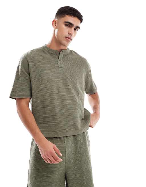 DESIGN oversized boxy t-shirt coord with henley neck in khaki boucle