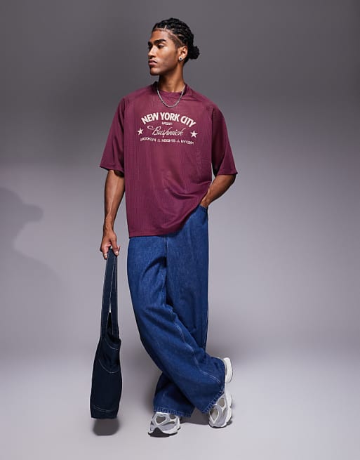 DESIGN Oversized Boxy T-shirt With Bushwick Graphic In Burgundy Airtex
