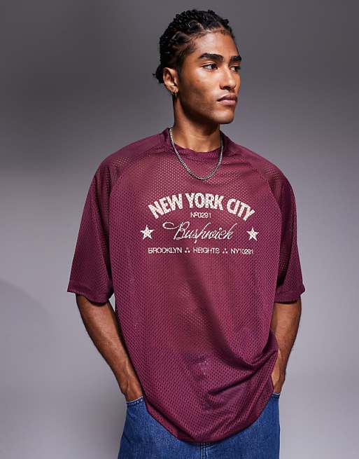 DESIGN oversized boxy t-shirt with Bushwick graphic in burgundy airtex