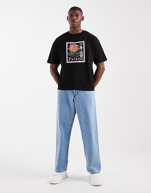 DESIGN Oversized Boxy T-shirt With Flower Stamp Graphic In Black