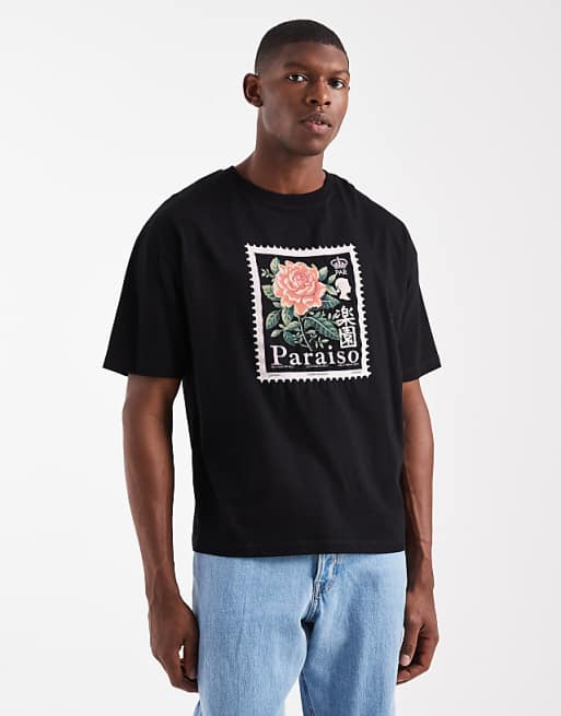 DESIGN oversized boxy t-shirt with flower stamp graphic in black