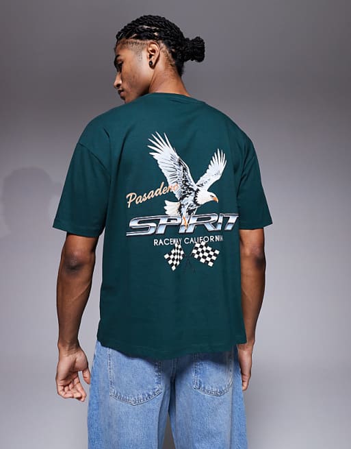 DESIGN oversized boxy t-shirt with racing graphic in dak green