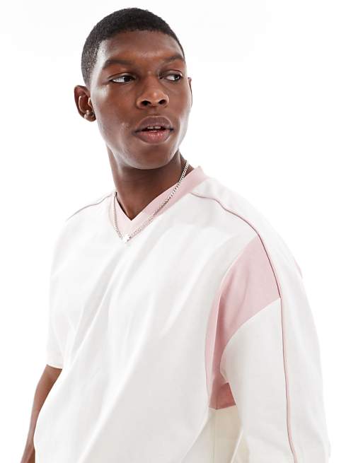 DESIGN Oversized Boxy V Neck T-shirt With Pink Contrast Panel In Cream