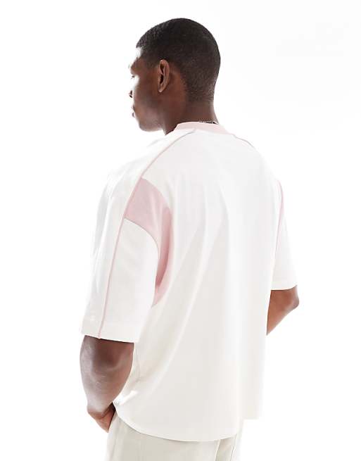 DESIGN Oversized Boxy V Neck T-shirt With Pink Contrast Panel In Cream