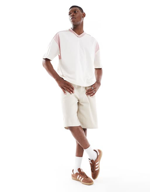 DESIGN Oversized Boxy V Neck T-shirt With Pink Contrast Panel In Cream