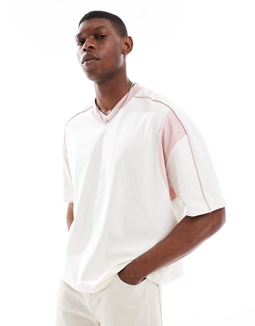 DESIGN oversized boxy v neck t-shirt with pink contrast panel in cream