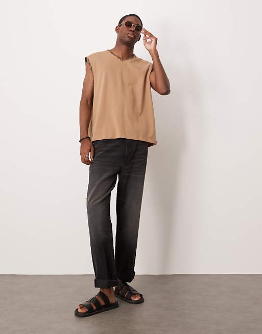 DESIGN Oversized Boxy V Neck Tank With Stitch Detail In Brown