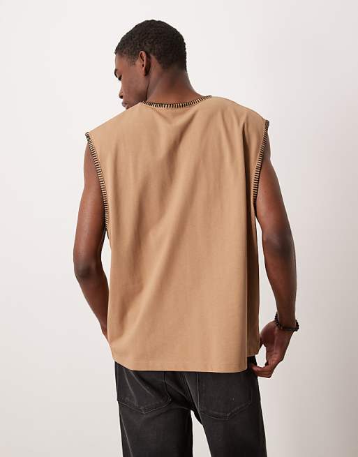 DESIGN Oversized Boxy V Neck Tank With Stitch Detail In Brown