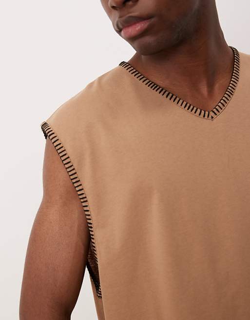 DESIGN Oversized Boxy V Neck Tank With Stitch Detail In Brown