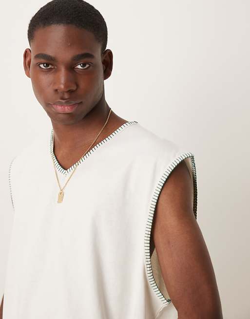 DESIGN Oversized Boxy V Neck Tank With Stitch Detail In Cream