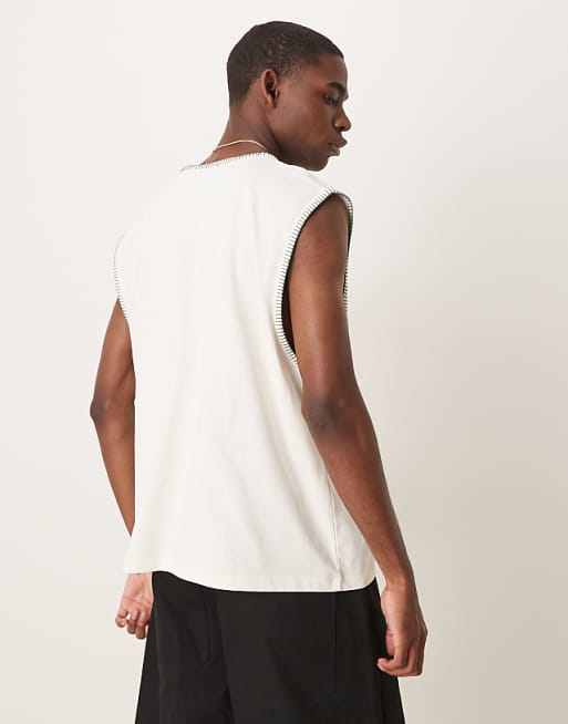 DESIGN Oversized Boxy V Neck Tank With Stitch Detail In Cream
