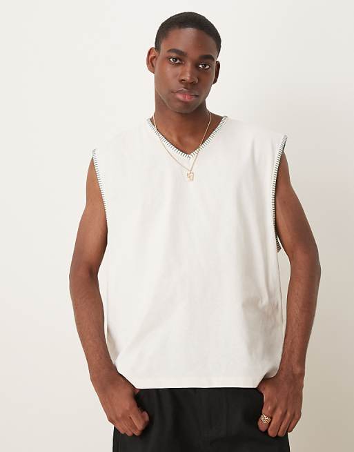 DESIGN oversized boxy v neck tank with stitch detail in cream