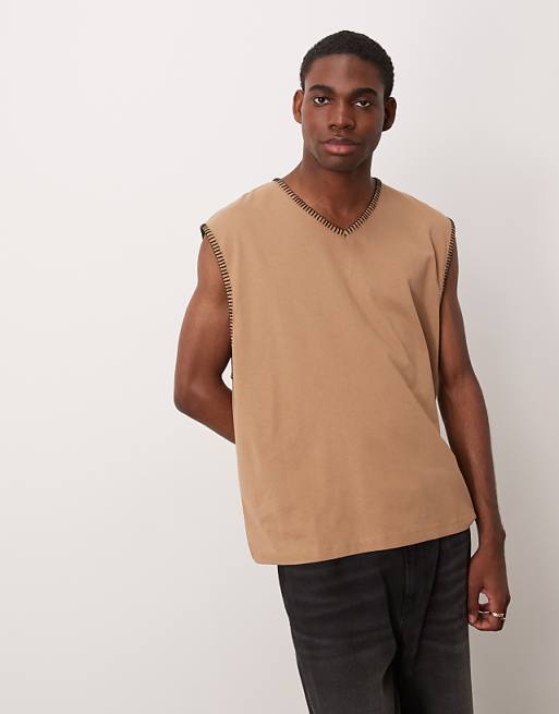 DESIGN oversized boxy v neck tank with stitch detail in brown