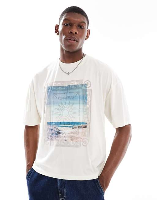 DESIGN oversized boxy washed t-shirt with summer graphic in off white