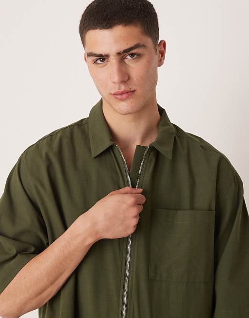 DESIGN Oversized Boxy Zip Through Shirt In Khaki