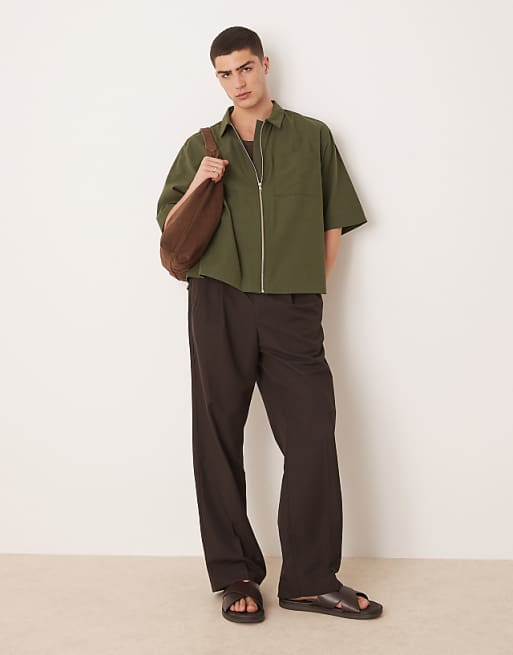 DESIGN Oversized Boxy Zip Through Shirt In Khaki