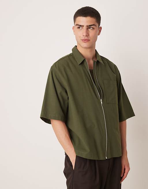 DESIGN oversized boxy zip through shirt in khaki