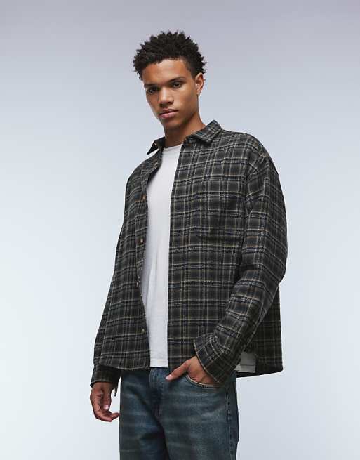 DESIGN Oversized Brushed Check Shirt In Black
