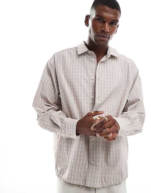 DESIGN oversized check shirt in light grey
