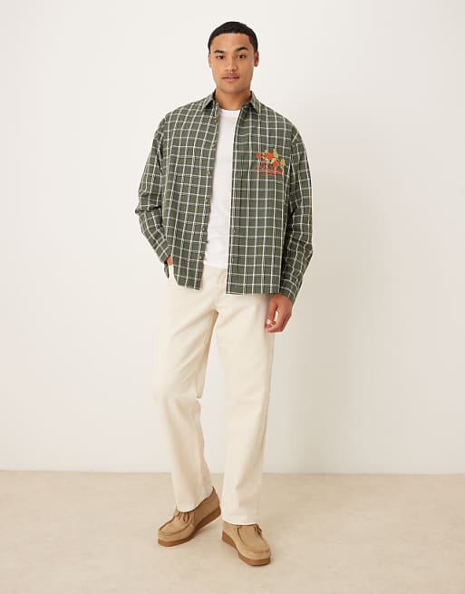 DESIGN Oversized Check Shirt With Chest Embroidery In Green