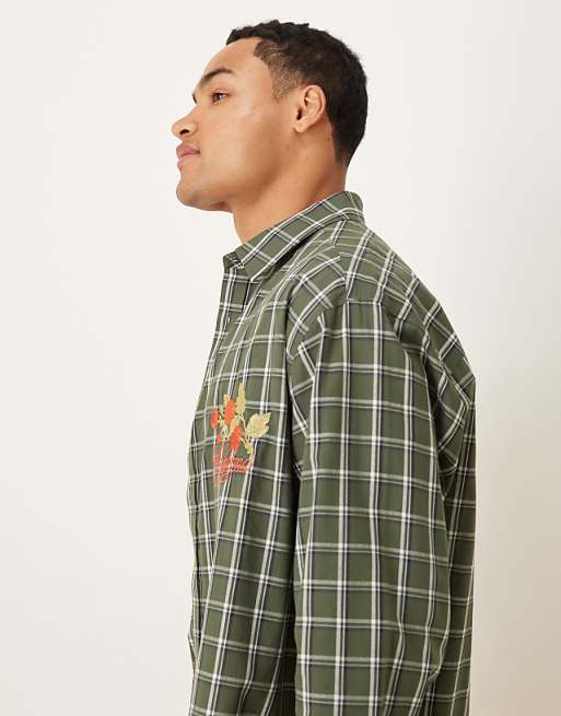 DESIGN Oversized Check Shirt With Chest Embroidery In Green