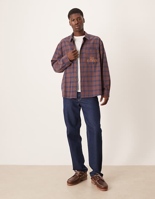 DESIGN Oversized Check Shirt With Chest Embroidery In Rust