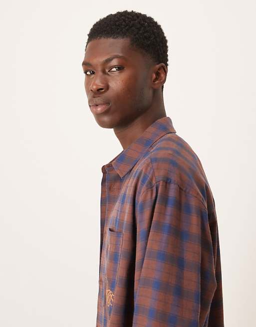 DESIGN Oversized Check Shirt With Chest Embroidery In Rust