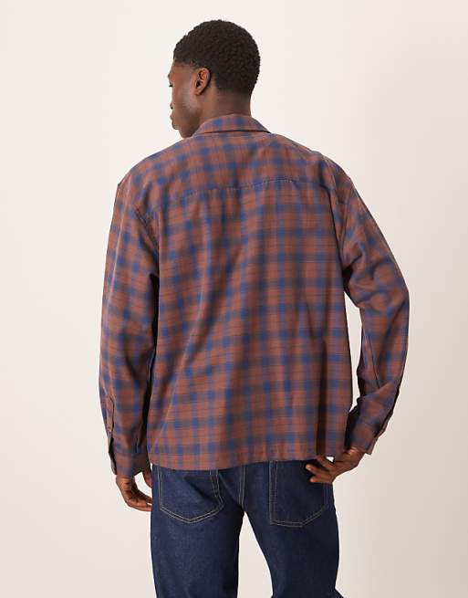 DESIGN Oversized Check Shirt With Chest Embroidery In Rust