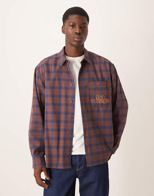 DESIGN oversized check shirt with chest embroidery in rust
