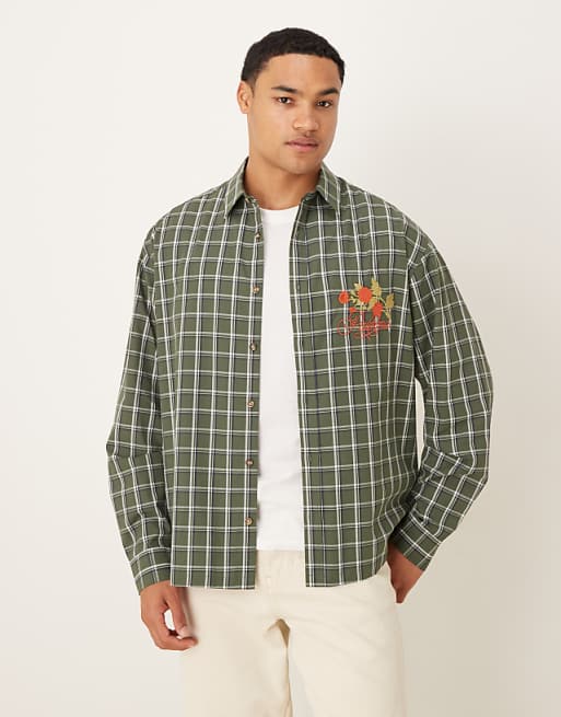 DESIGN Oversized Check Shirt With Chest Embroidery In Green