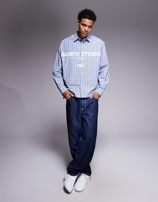 DESIGN Oversized Check Shirt With Chest Print In Blue