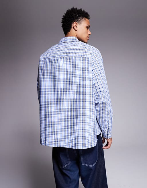 DESIGN Oversized Check Shirt With Chest Print In Blue