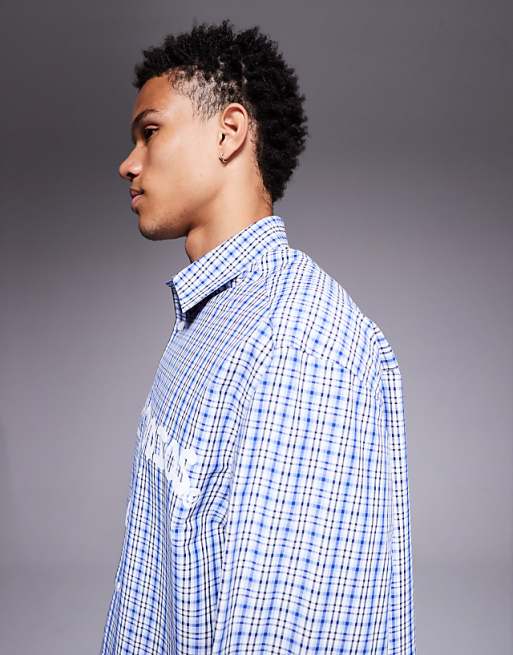 DESIGN Oversized Check Shirt With Chest Print In Blue