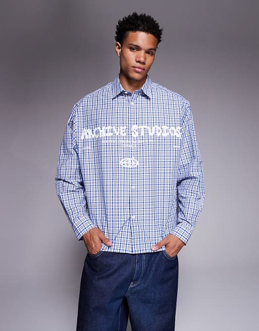 DESIGN Oversized Check Shirt With Chest Print In Blue