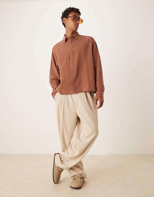 DESIGN Oversized Cheesecloth Textured Shirt In Brown