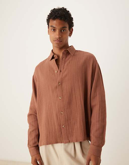DESIGN oversized cheesecloth textured shirt in brown