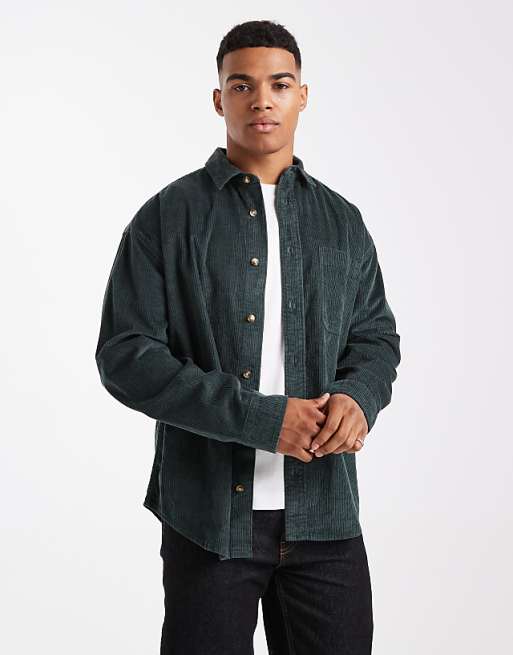 DESIGN oversized cord shirt in dark green