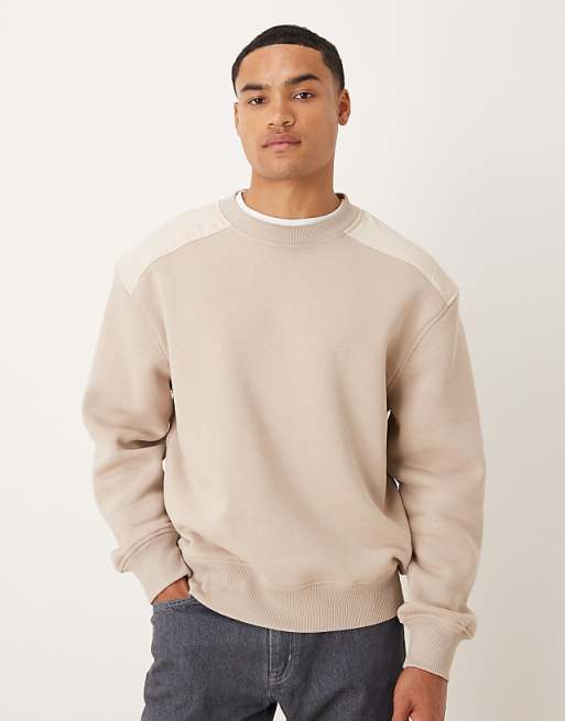 DESIGN Oversized Crew Neck Sweater With Panel Detailing In Beige