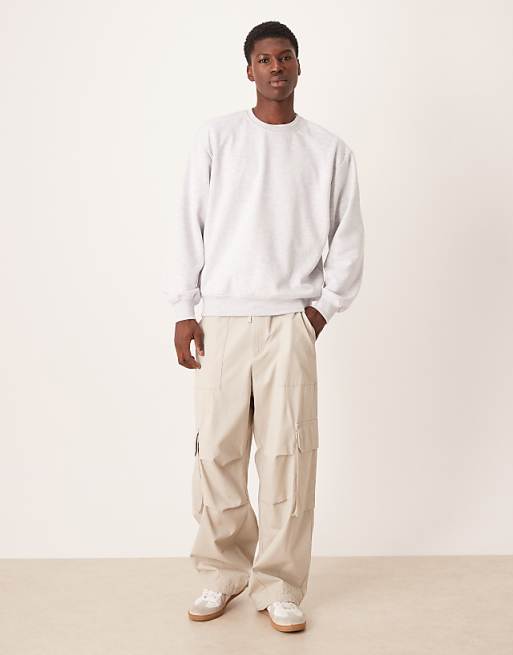 DESIGN Oversized Crew With Print In Scuba-style Fabric In Grey Marl