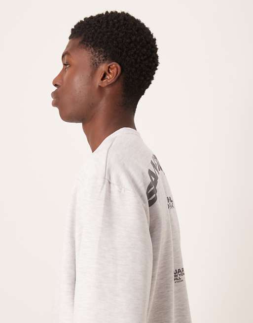 DESIGN Oversized Crew With Print In Scuba-style Fabric In Grey Marl