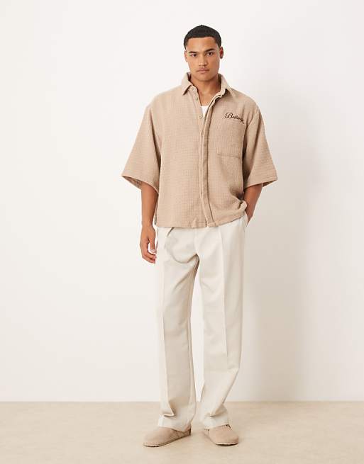 DESIGN Oversized Crochet Shirt With Half Sleeve And Embroidery In Tan