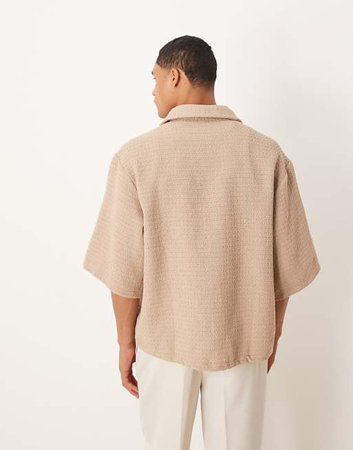 DESIGN Oversized Crochet Shirt With Half Sleeve And Embroidery In Tan