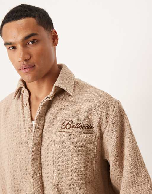 DESIGN Oversized Crochet Shirt With Half Sleeve And Embroidery In Tan